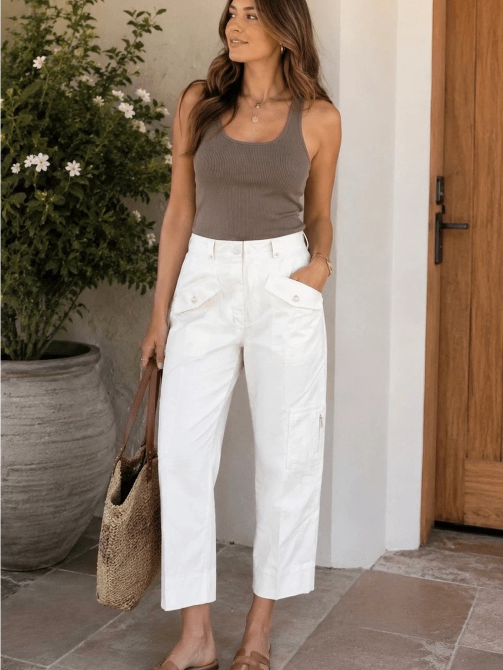 Anthropologie White High-Rise Cargo Pants